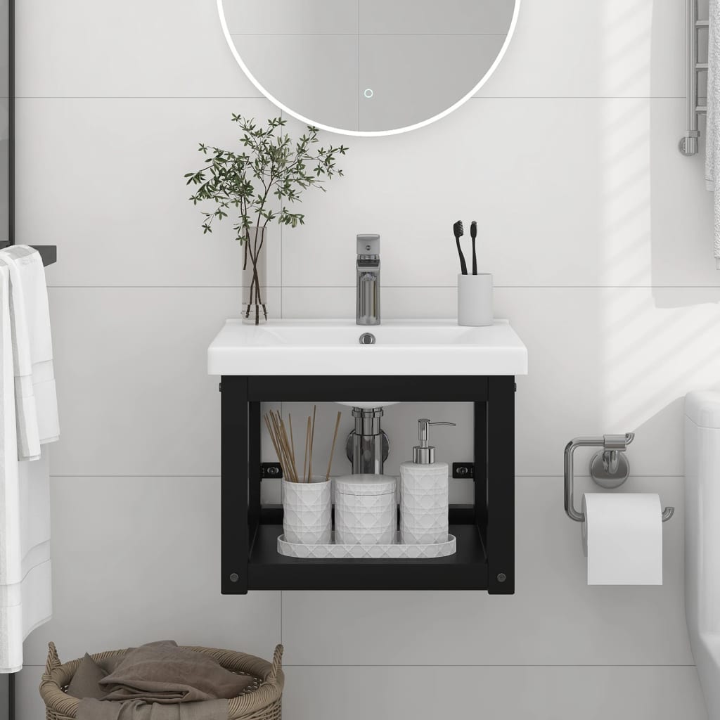 vidaXL Wall-mounted Bathroom Washbasin Frame Wash Stand Furniture Black Iron-0