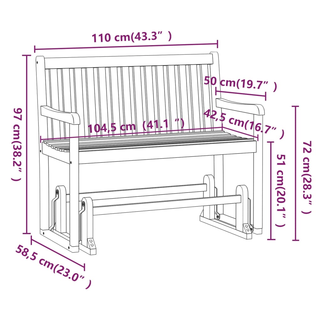 vidaXL Patio Swing Bench 43.3" Solid Acacia Wood-7