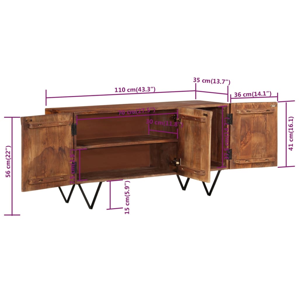 vidaXL Sideboard 43.3"x13.8"x22" Solid Wood Mango-6