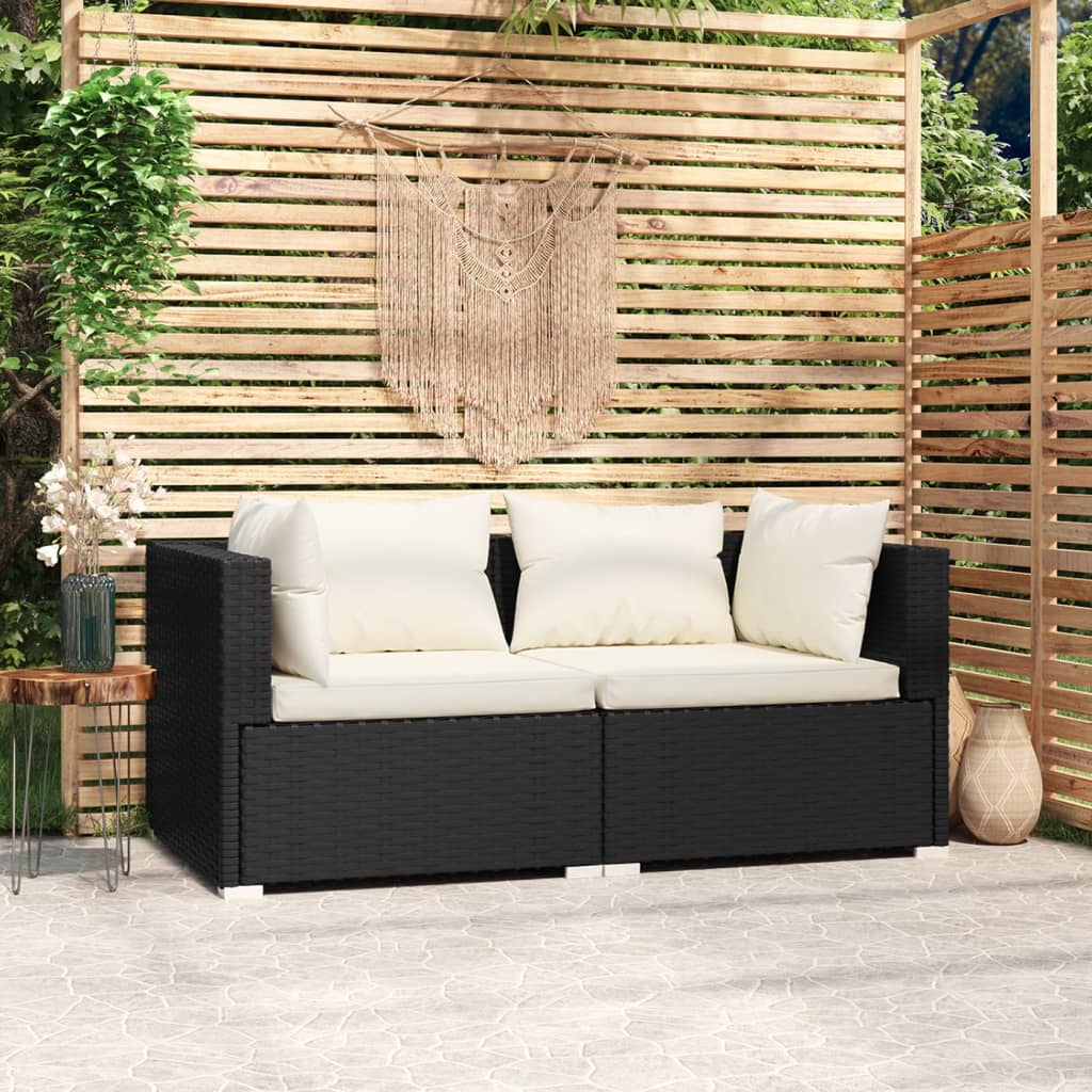 vidaXL Patio Loveseat with Cushions Black Poly Rattan-0