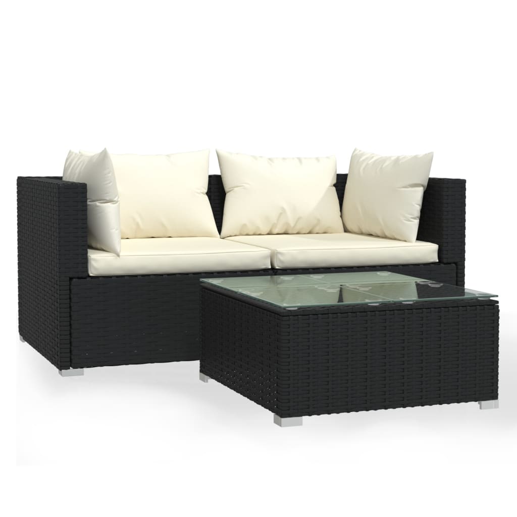 vidaXL Patio Furniture Set 3 Piece with Cushions Black Poly Rattan-0