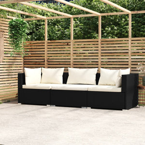 vidaXL Wicker Patio Furniture 3 Piece with Cushions Black Poly Rattan-0