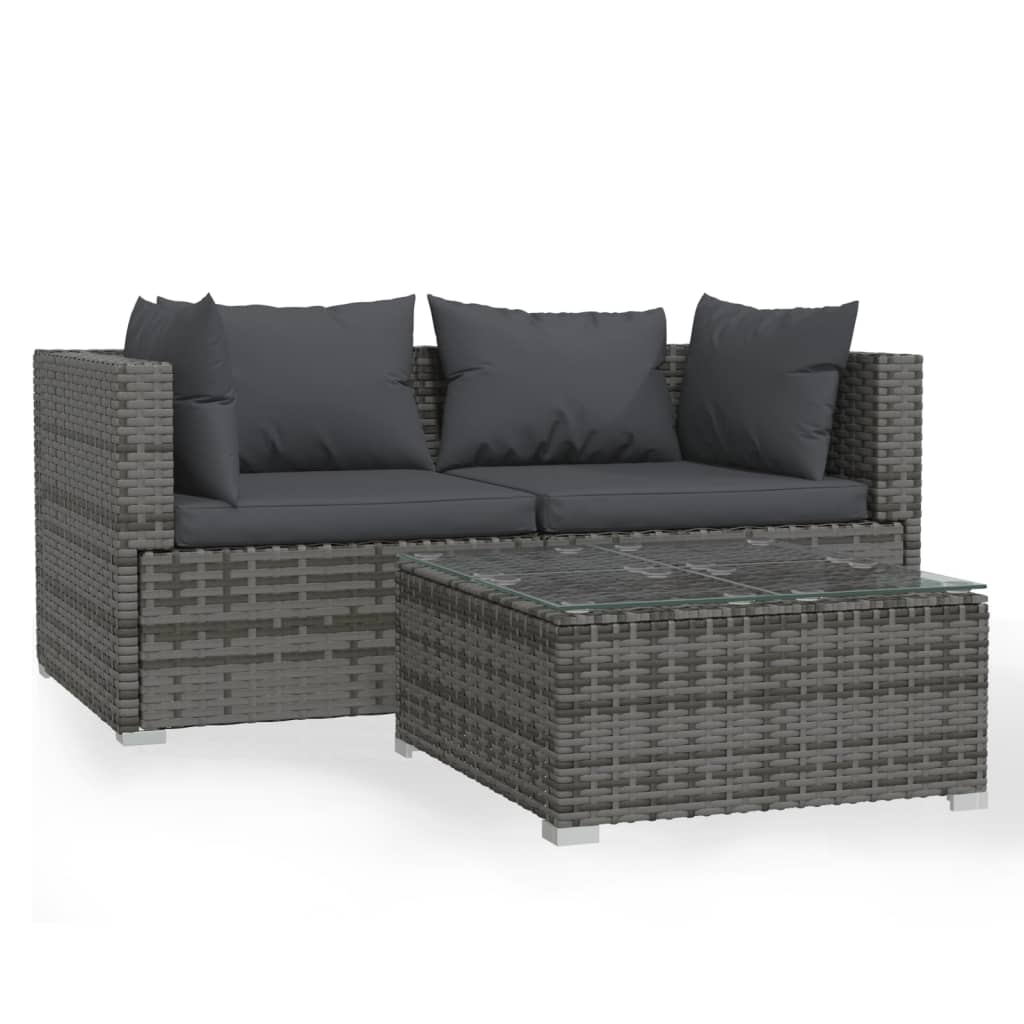 vidaXL Patio Furniture Set 3 Piece with Cushions Gray Poly Rattan-1