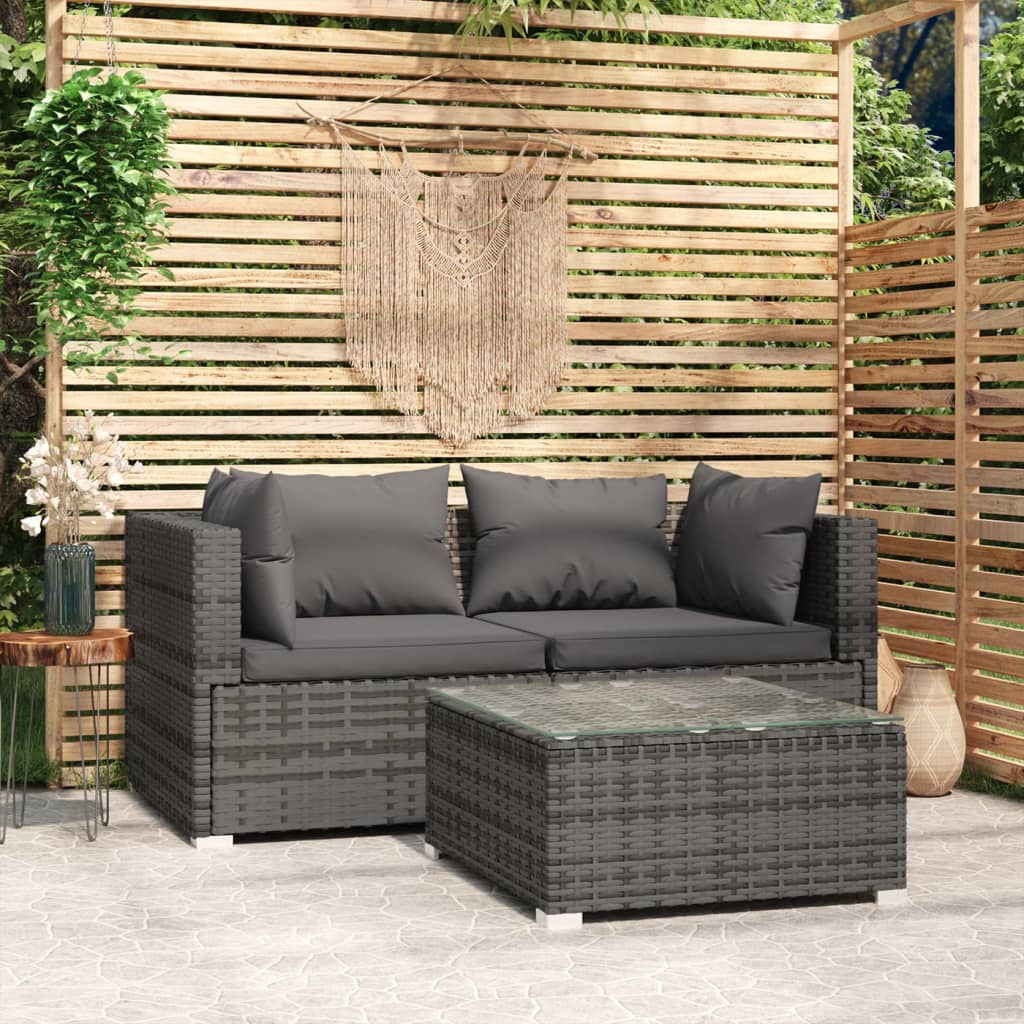 vidaXL Patio Furniture Set 3 Piece with Cushions Gray Poly Rattan-0