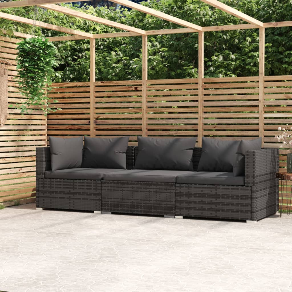 vidaXL Wicker Patio Furniture 3 Piece with Cushions Gray Poly Rattan-0