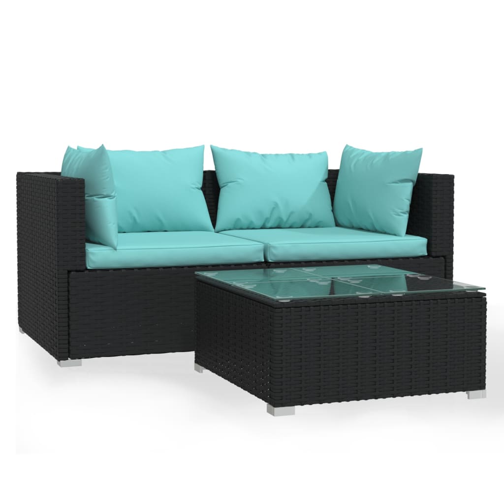 vidaXL Patio Furniture Set 3 Piece with Cushions Black Poly Rattan-0