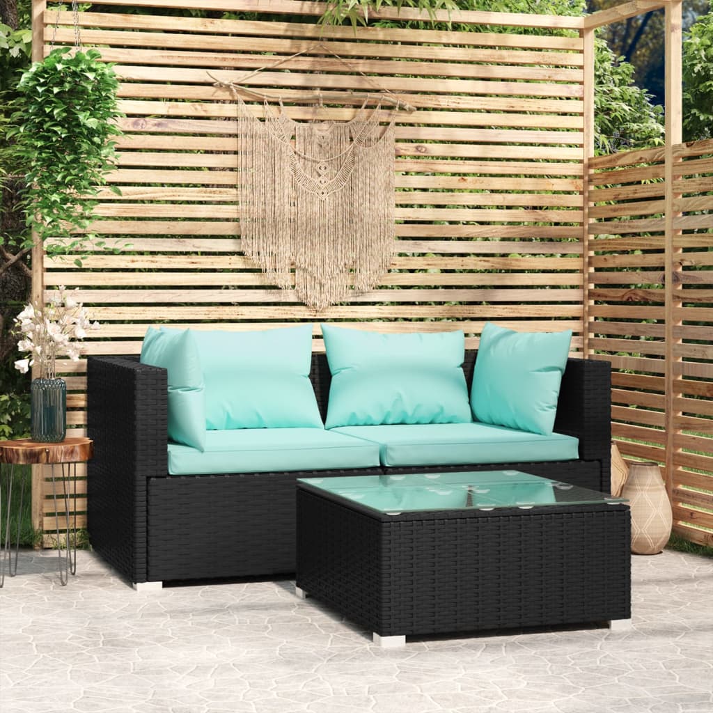 vidaXL Patio Furniture Set 3 Piece with Cushions Black Poly Rattan-1