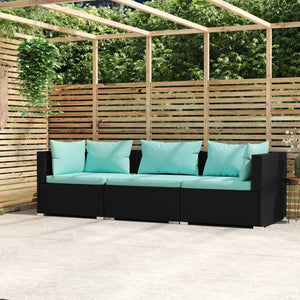 vidaXL Wicker Patio Furniture 3 Piece with Cushions Black Poly Rattan-0