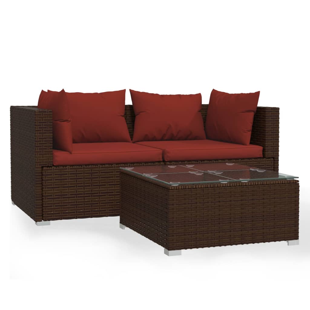 vidaXL Patio Furniture Set 3 Piece with Cushions Brown Poly Rattan-0