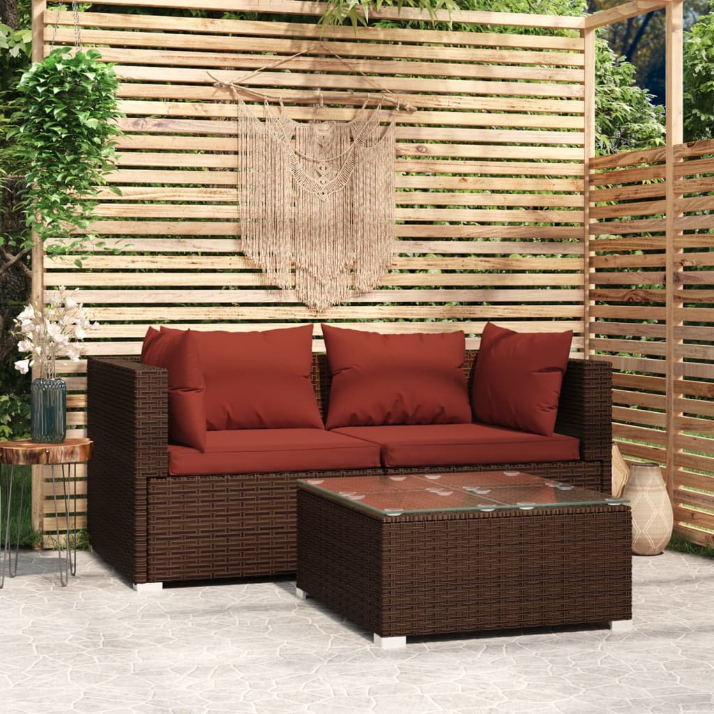 vidaXL Patio Furniture Set 3 Piece with Cushions Brown Poly Rattan-1