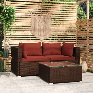 vidaXL Patio Furniture Set 3 Piece with Cushions Brown Poly Rattan-1