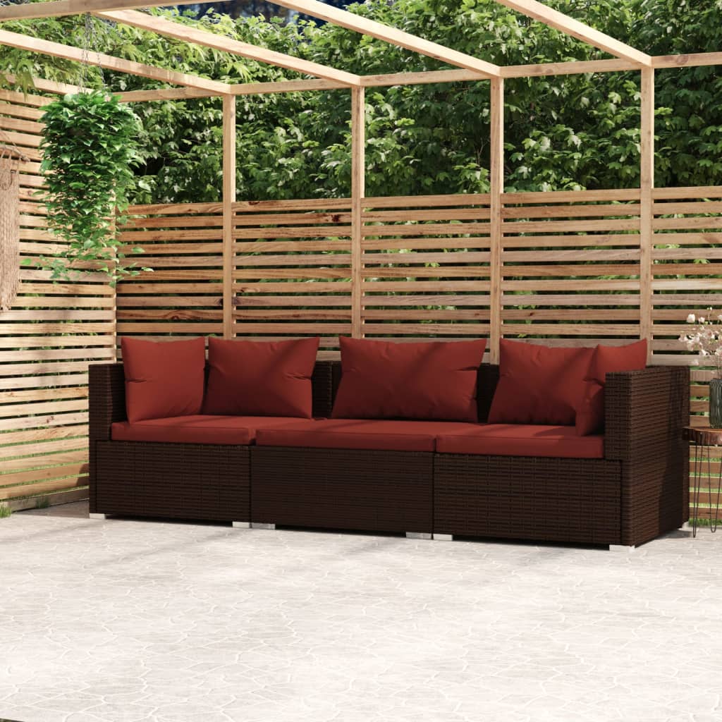 vidaXL Wicker Patio Furniture 3 Piece with Cushions Brown Poly Rattan-0