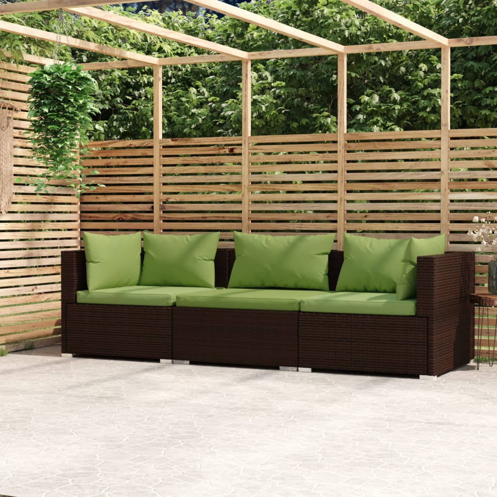 vidaXL Wicker Patio Furniture 3 Piece with Cushions Brown Poly Rattan-0