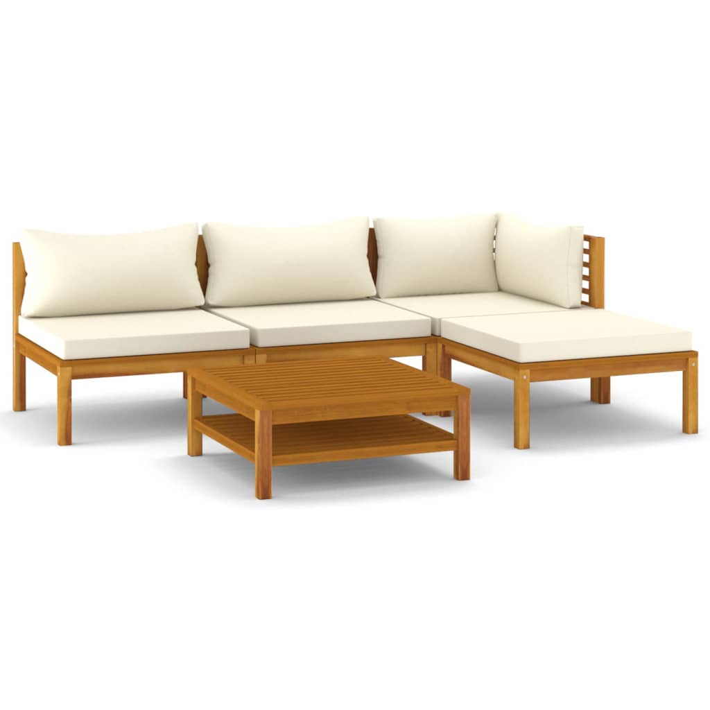 vidaXL 5 Piece Patio Lounge Set with Cream Cushion Solid Acacia Wood-2