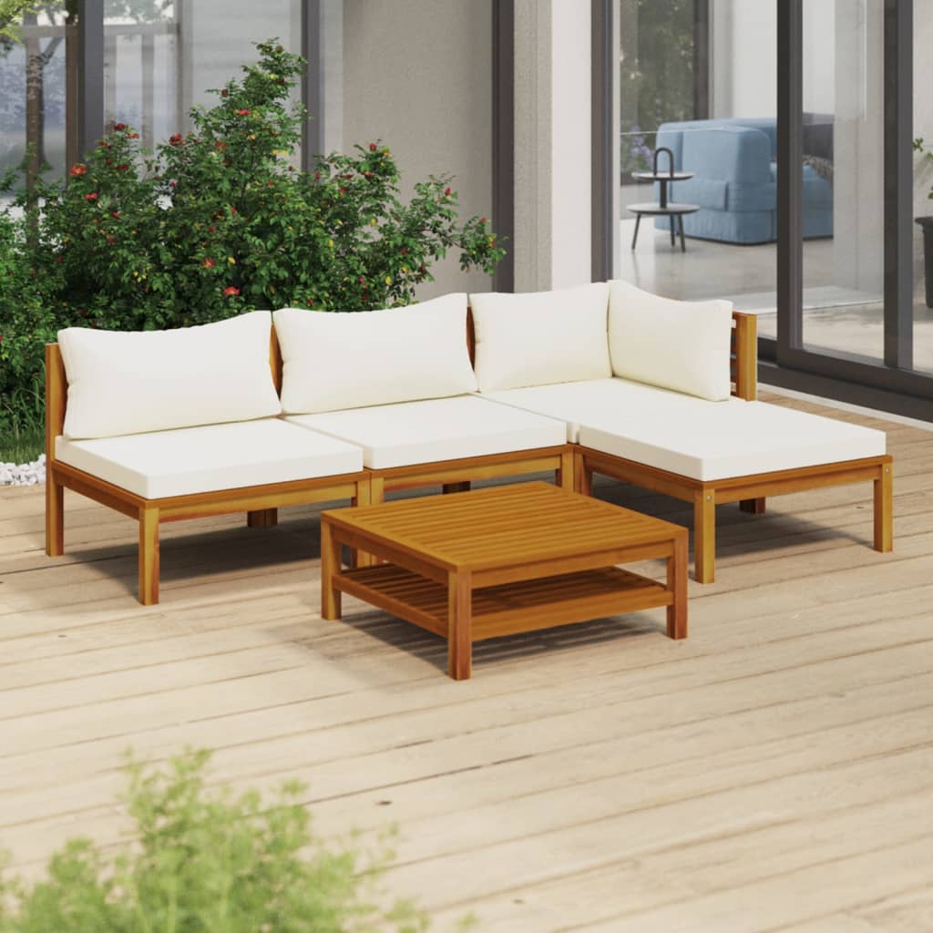 vidaXL 5 Piece Patio Lounge Set with Cream Cushion Solid Acacia Wood-1