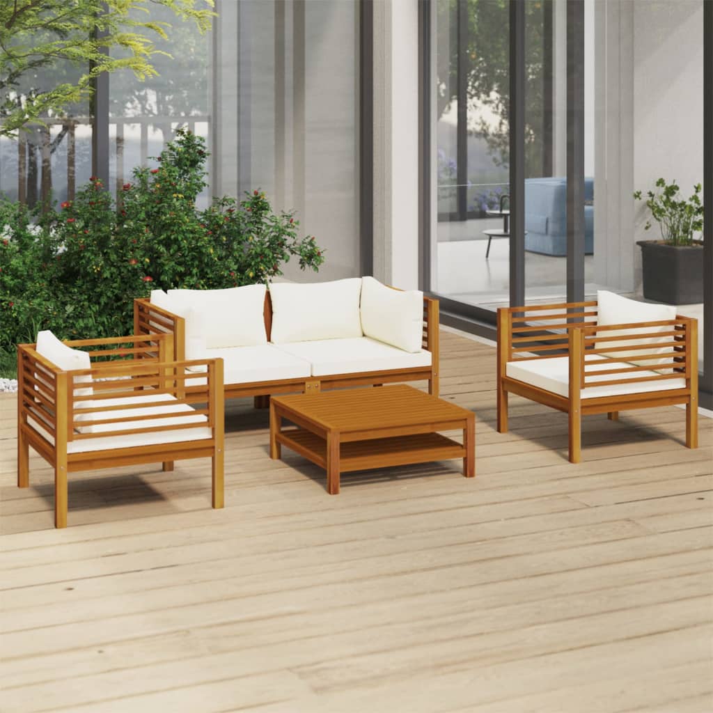 vidaXL 5 Piece Patio Lounge Set with Cream Cushion Solid Acacia Wood-0