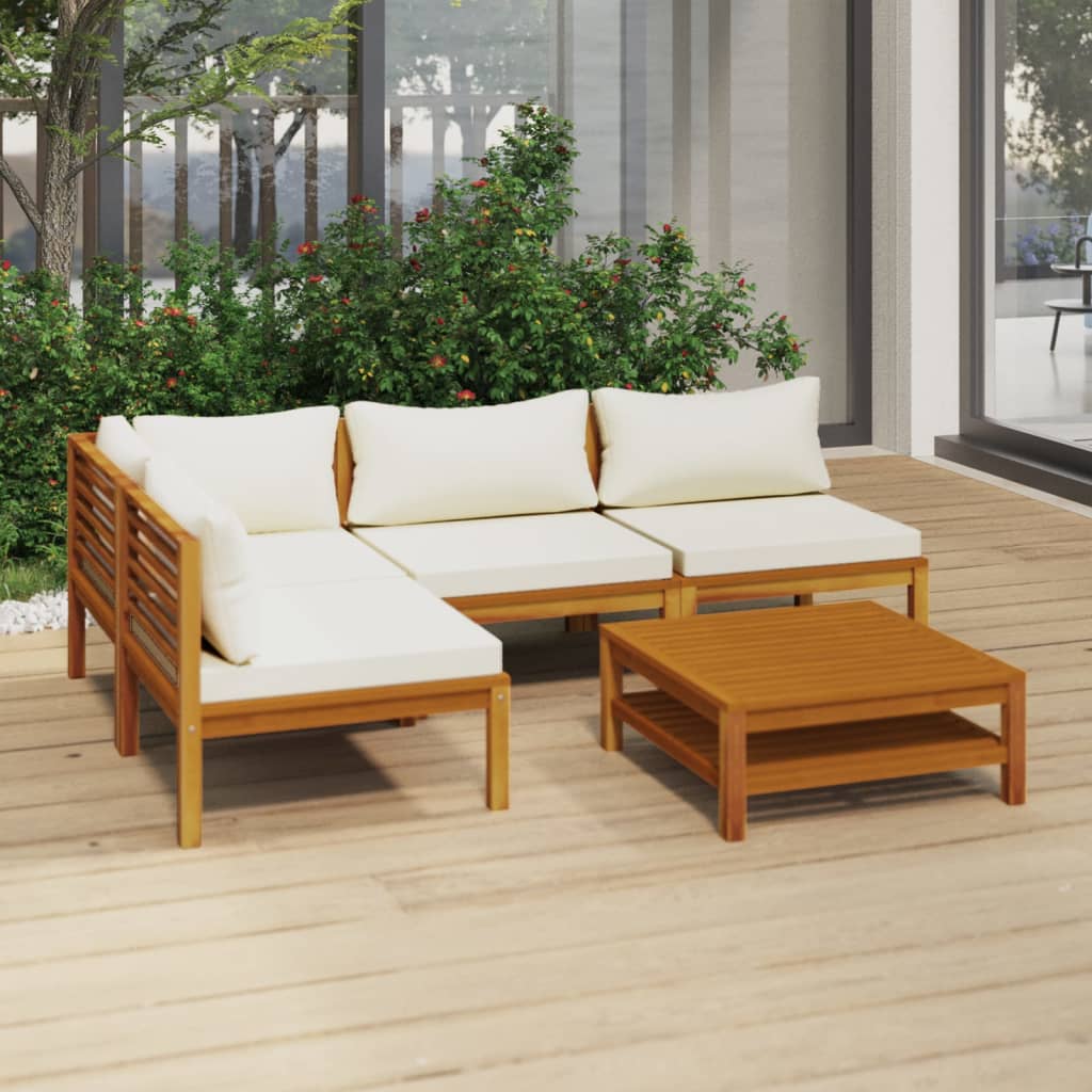 vidaXL 5 Piece Patio Lounge Set with Cream Cushion Solid Acacia Wood-0