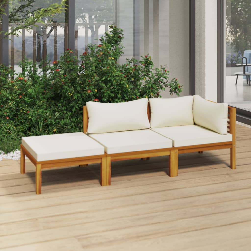 vidaXL 3 Piece Patio Lounge Set with Cream Cushion Solid Acacia Wood-0