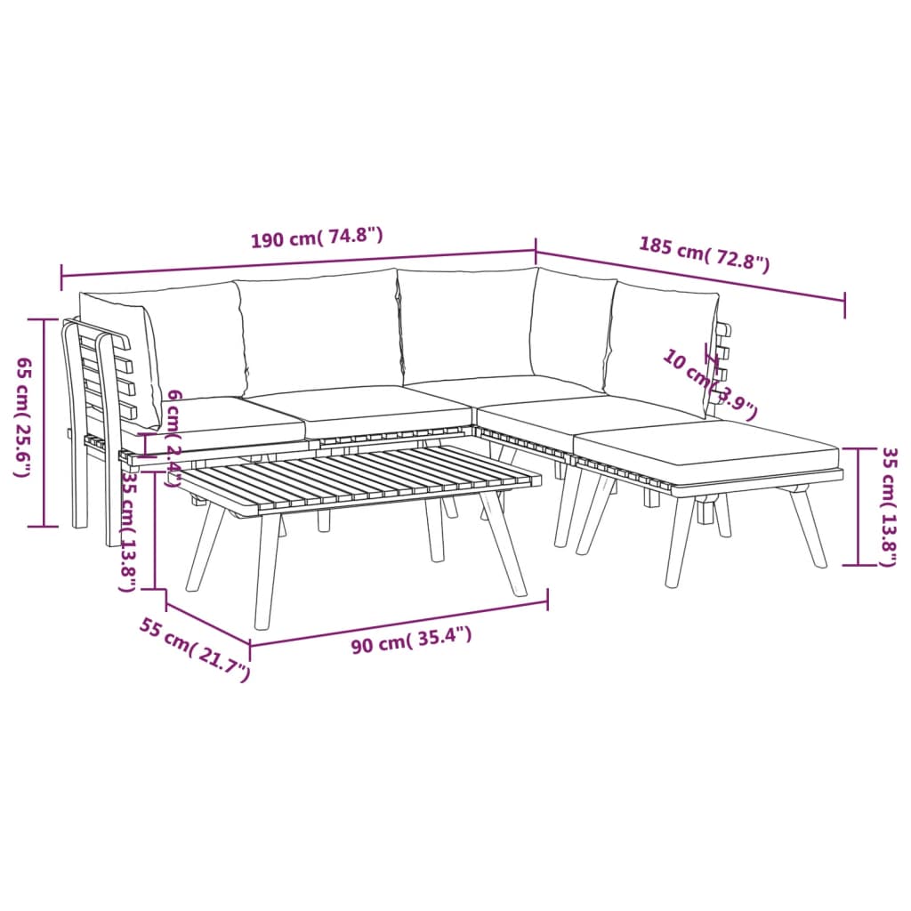 vidaXL 6 Piece Patio Lounge Set with Cushions Solid Acacia Wood-6