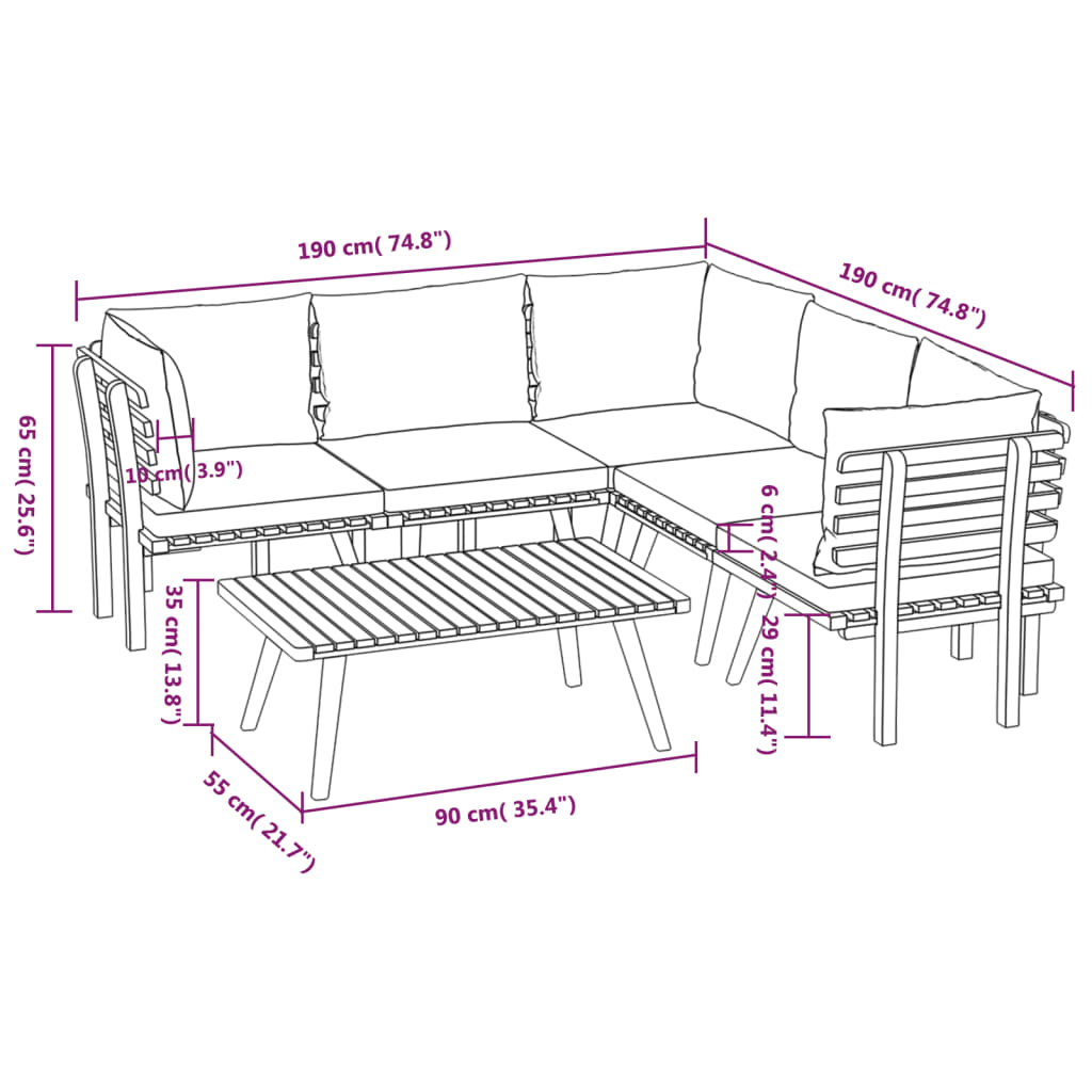 vidaXL 6 Piece Patio Lounge Set with Cushions Solid Acacia Wood-7