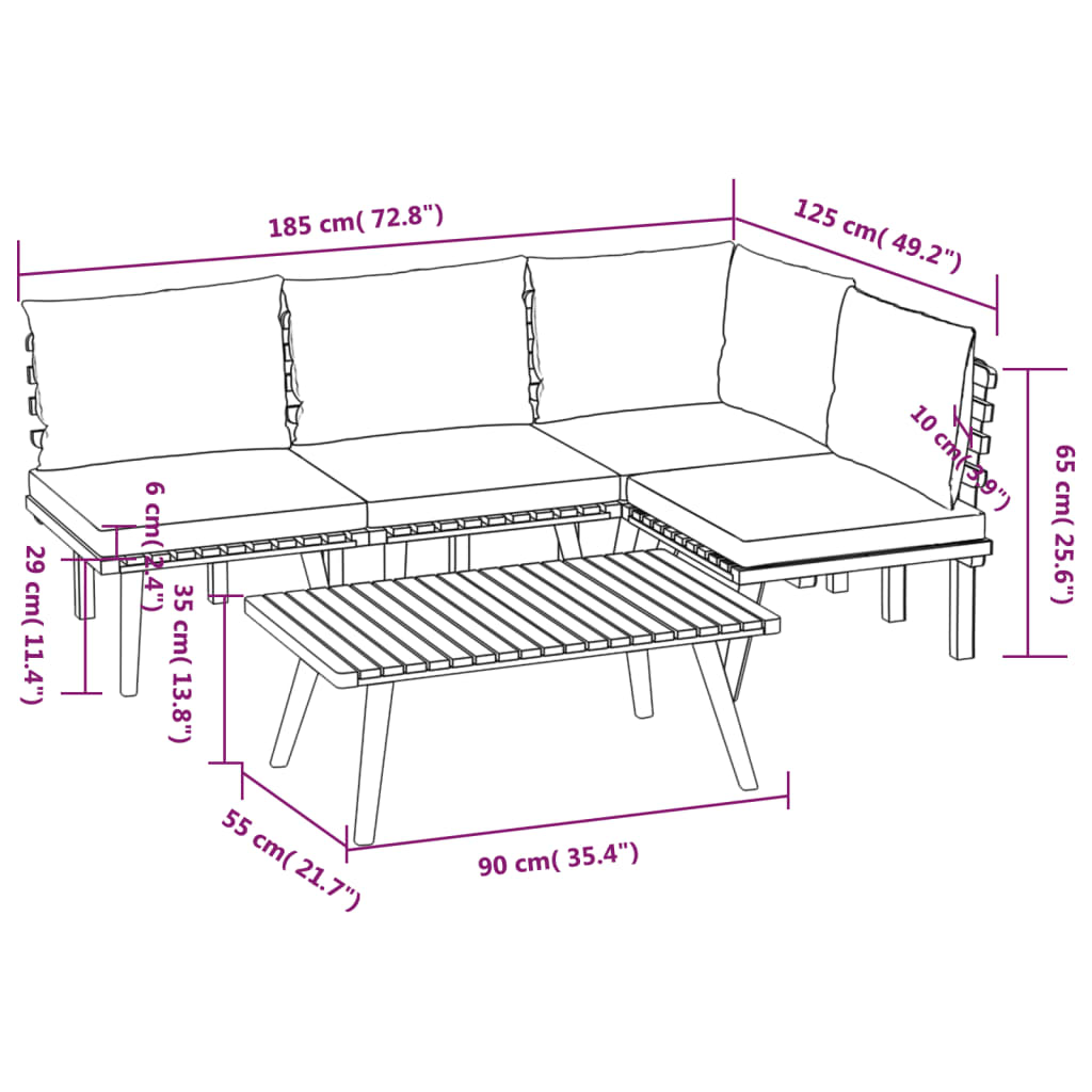 vidaXL 5 Piece Patio Lounge Set with Cushions Solid Acacia Wood-7