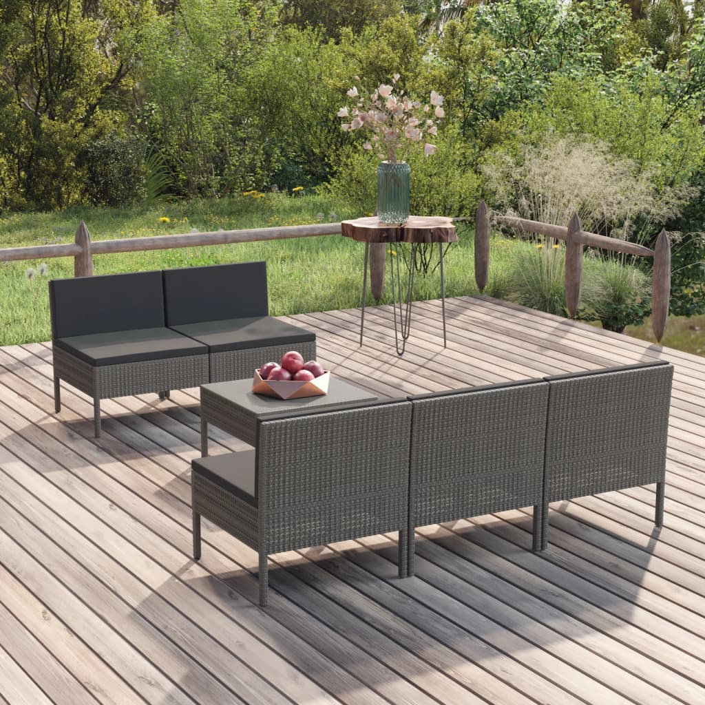 vidaXL 6 Piece Patio Lounge Set with Cushions Poly Rattan Gray-0