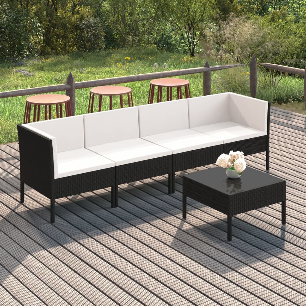 vidaXL 5 Piece Patio Lounge Set with Cushions Poly Rattan Black-0