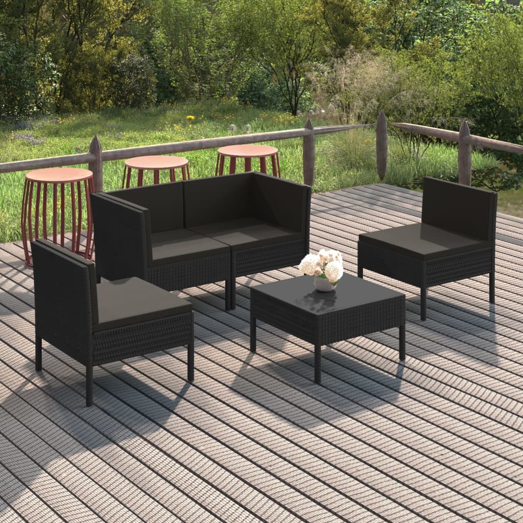 vidaXL 5 Piece Patio Lounge Set with Cushions Poly Rattan Black-0