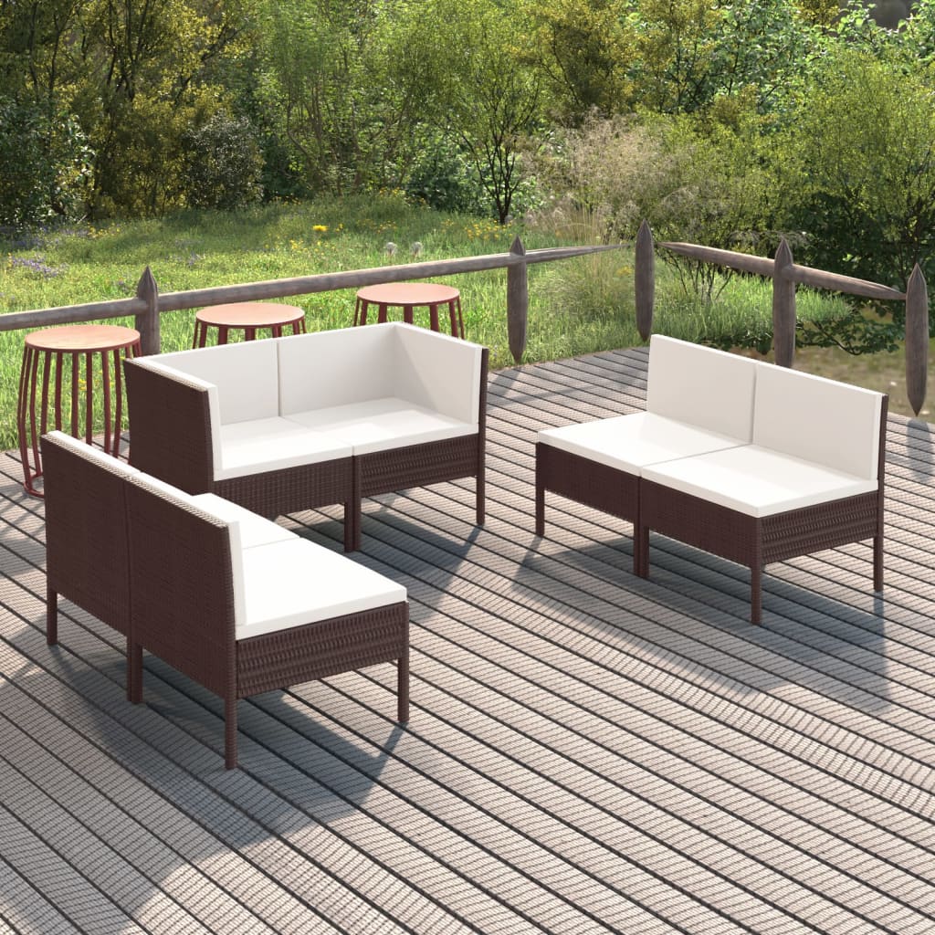 vidaXL 6 Piece Patio Lounge Set with Cushions Poly Rattan Brown-0