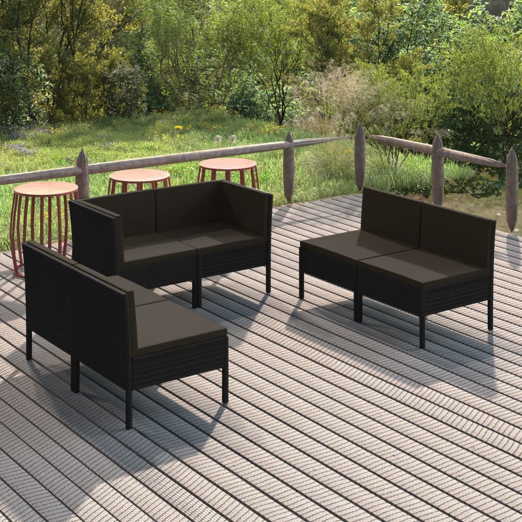 vidaXL 6 Piece Patio Lounge Set with Cushions Poly Rattan Black-0