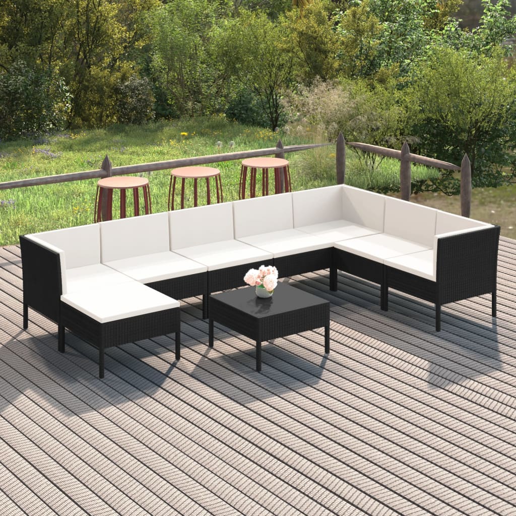 vidaXL 9 Piece Patio Lounge Set with Cushions Poly Rattan Black-0