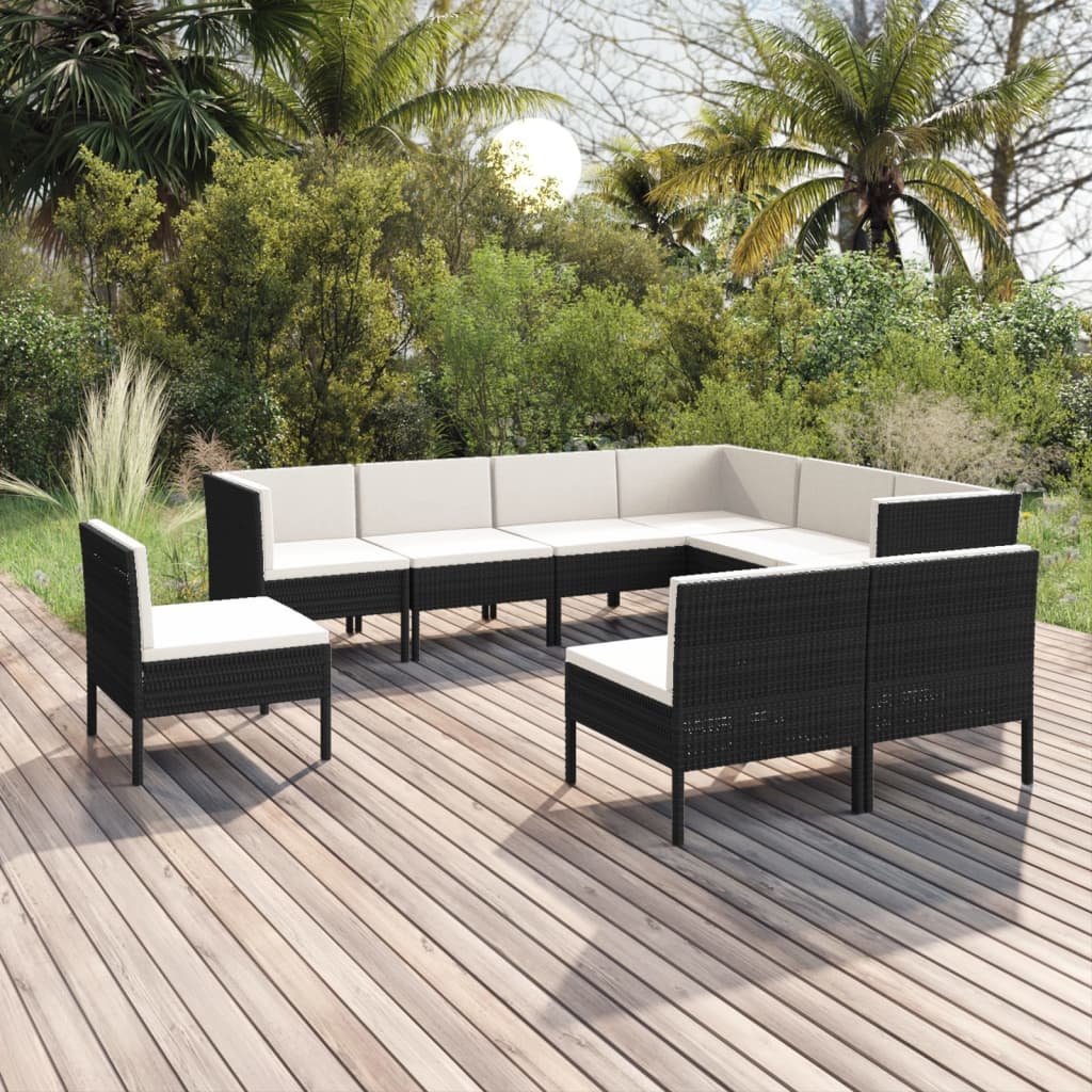 vidaXL 9 Piece Patio Lounge Set with Cushions Poly Rattan Black-0