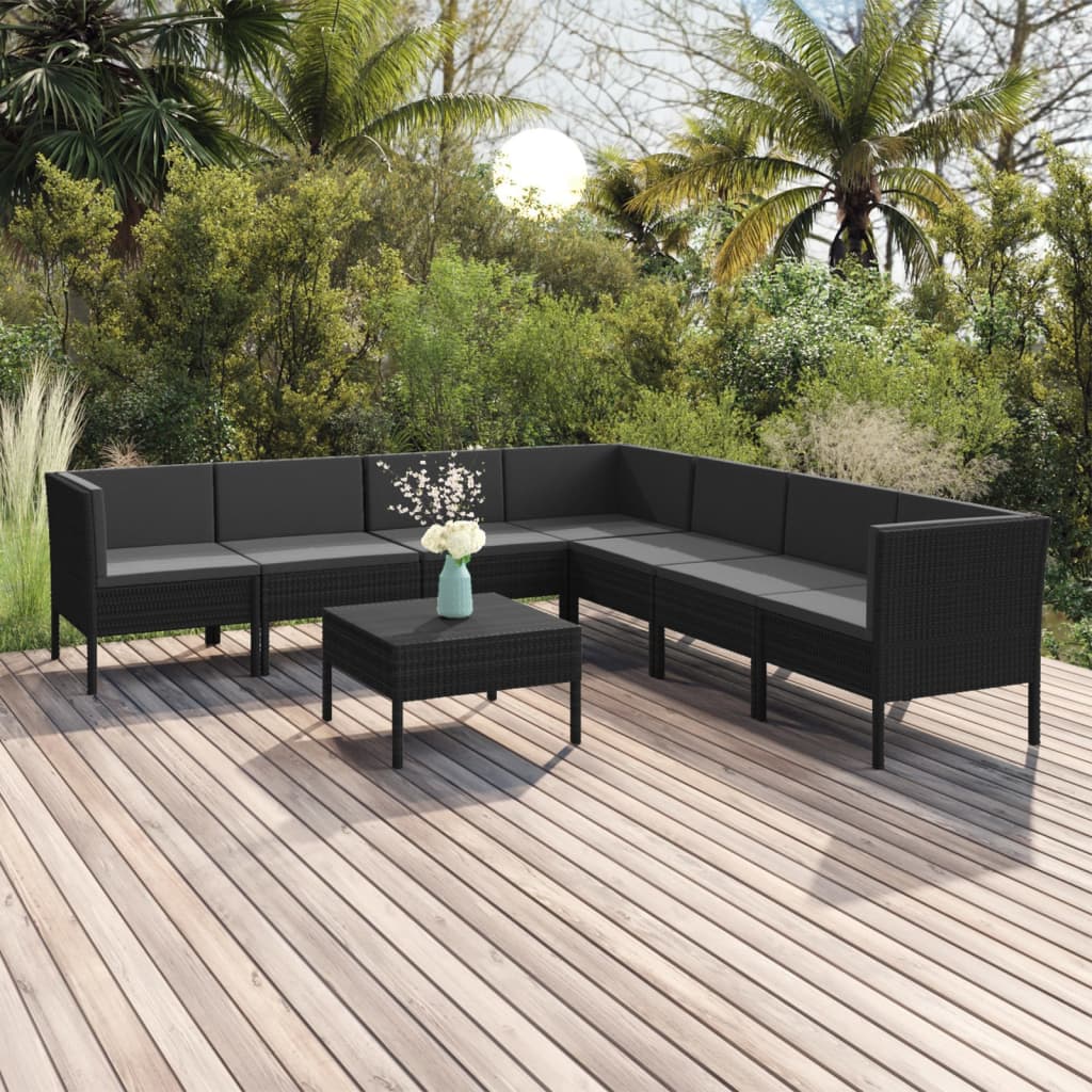 vidaXL 8 Piece Patio Lounge Set with Cushions Poly Rattan Black-0