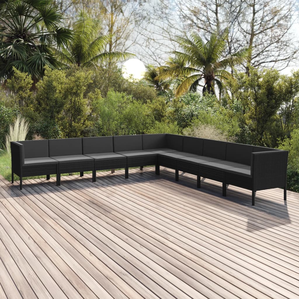 vidaXL 9 Piece Patio Lounge Set with Cushions Poly Rattan Black-0