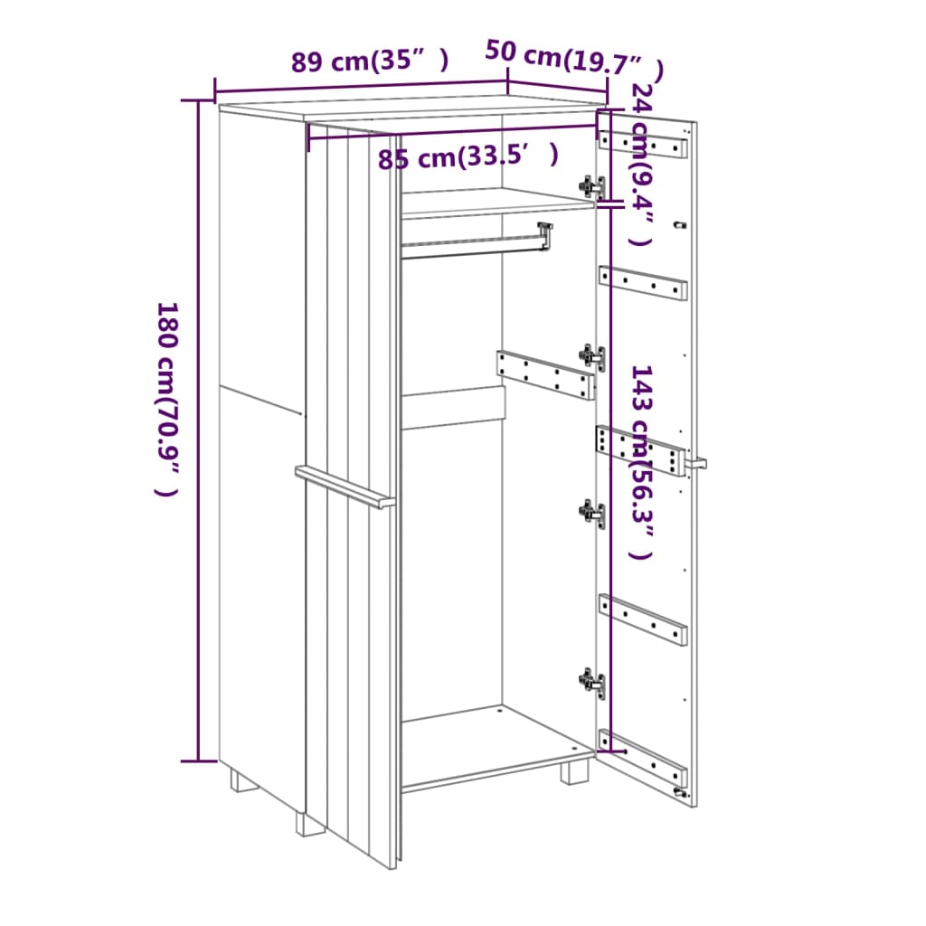 vidaXL Wardrobe Armoire Closet Storage Organizer Rack HAMAR Solid Wood Pine-24