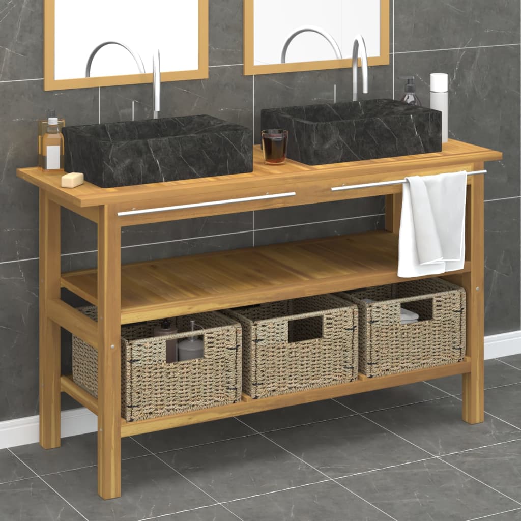 vidaXL Bathroom Vanity Cabinet with Black Marble Sinks Solid Wood Teak-5