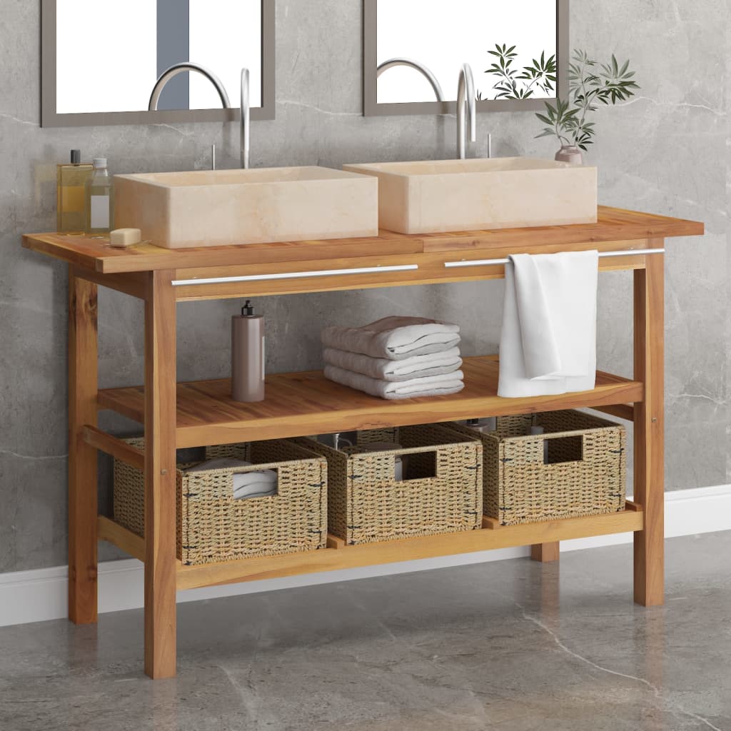 vidaXL Bathroom Vanity Cabinet with Black Marble Sinks Solid Wood Teak-1