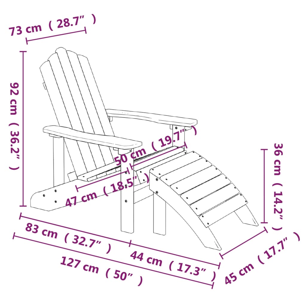 vidaXL Patio Adirondack Chair with Footstool & Table HDPE Brown-6