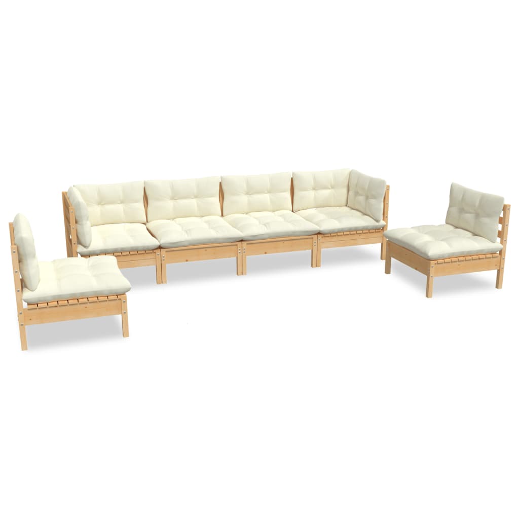 vidaXL 6 Piece Patio Lounge Set with Cream Cushions Solid Pinewood-4