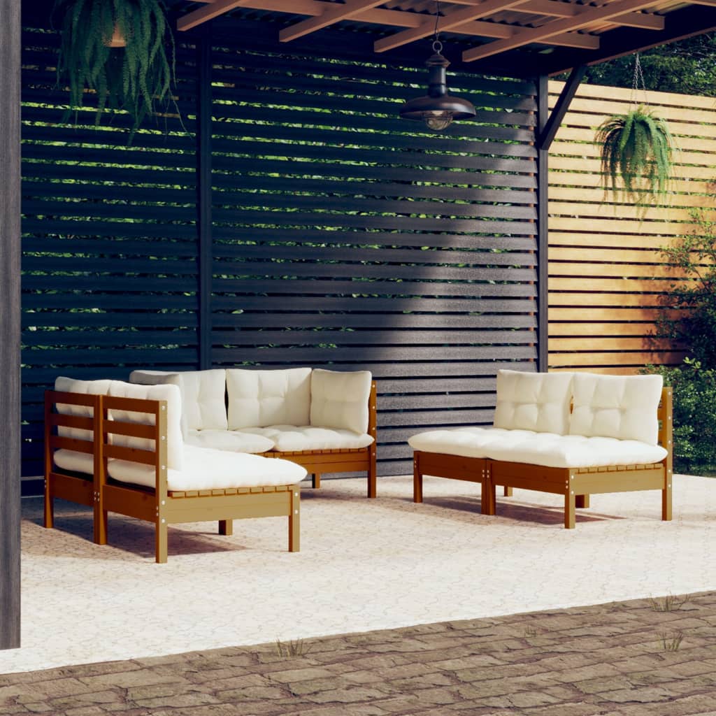 vidaXL 6 Piece Patio Lounge Set with Cream Cushions Solid Pinewood-12