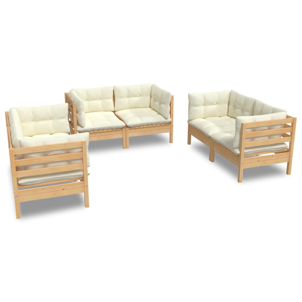 vidaXL 6 Piece Patio Lounge Set with Cream Cushions Solid Pinewood-7