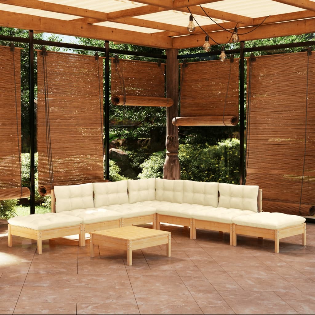 vidaXL 8 Piece Patio Lounge Set with Cream Cushions Pinewood-3