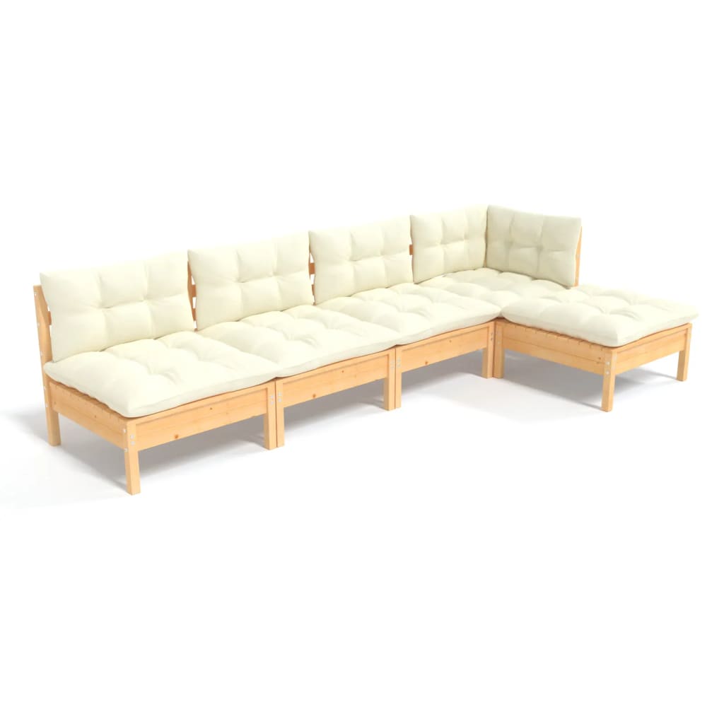 vidaXL 5 Piece Patio Lounge Set with Cream Cushions Pinewood-3