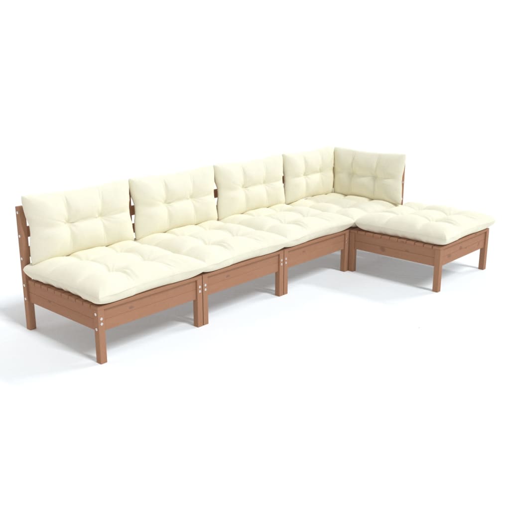 vidaXL 5 Piece Patio Lounge Set with Cream Cushions Pinewood-0