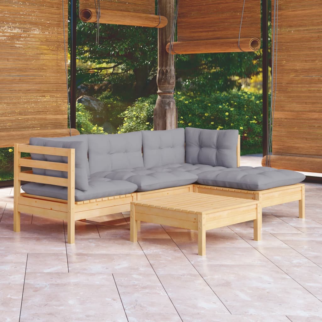 vidaXL 5 Piece Patio Lounge Set with Cream Cushions Pinewood-4