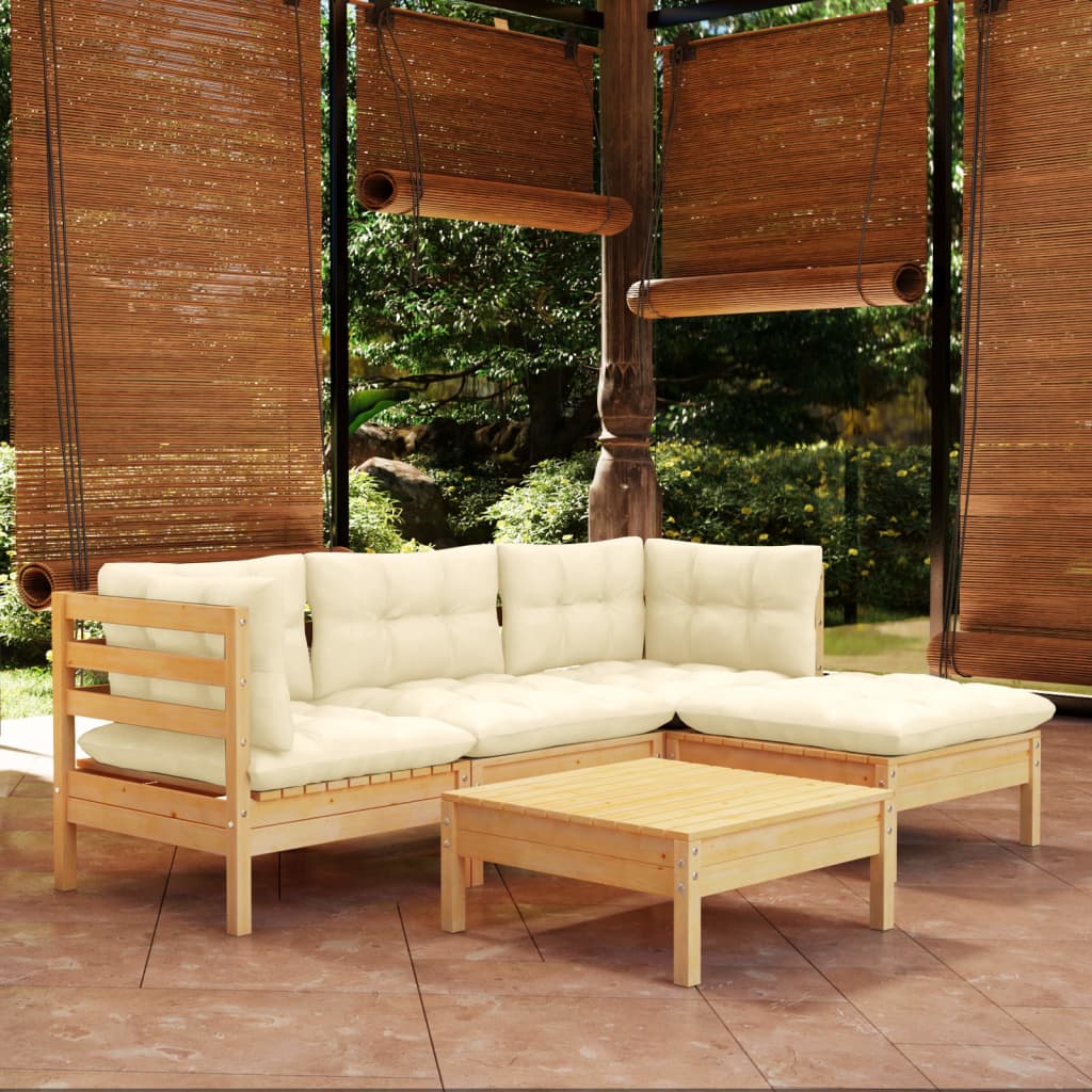 vidaXL 5 Piece Patio Lounge Set with Cream Cushions Pinewood-9