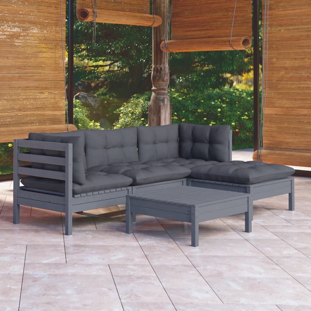 vidaXL 5 Piece Patio Lounge Set with Cream Cushions Pinewood-10