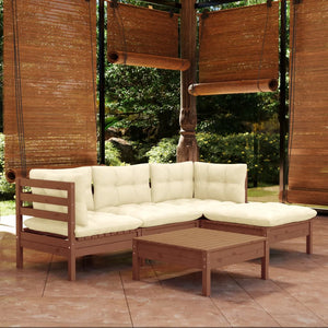 vidaXL 5 Piece Patio Lounge Set with Cream Cushions Pinewood-3