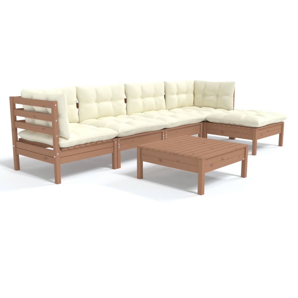 vidaXL 6 Piece Patio Lounge Set with Cream Cushions Pinewood-4