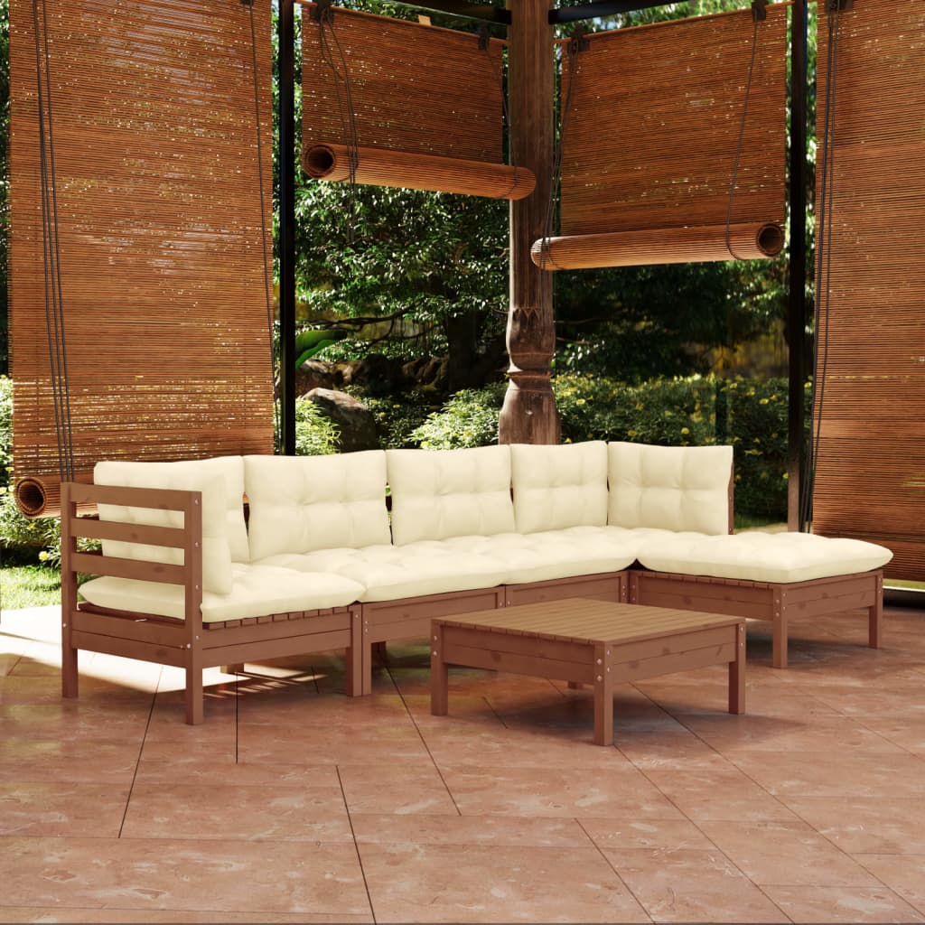 vidaXL 6 Piece Patio Lounge Set with Cream Cushions Pinewood-12